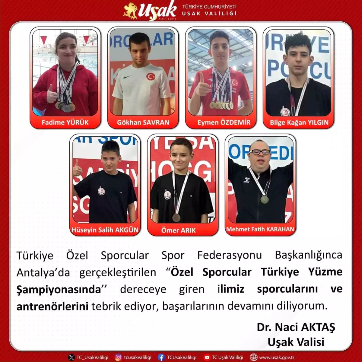Uşak Valisi’nden Özel Sporculara Tebrik Mesajı