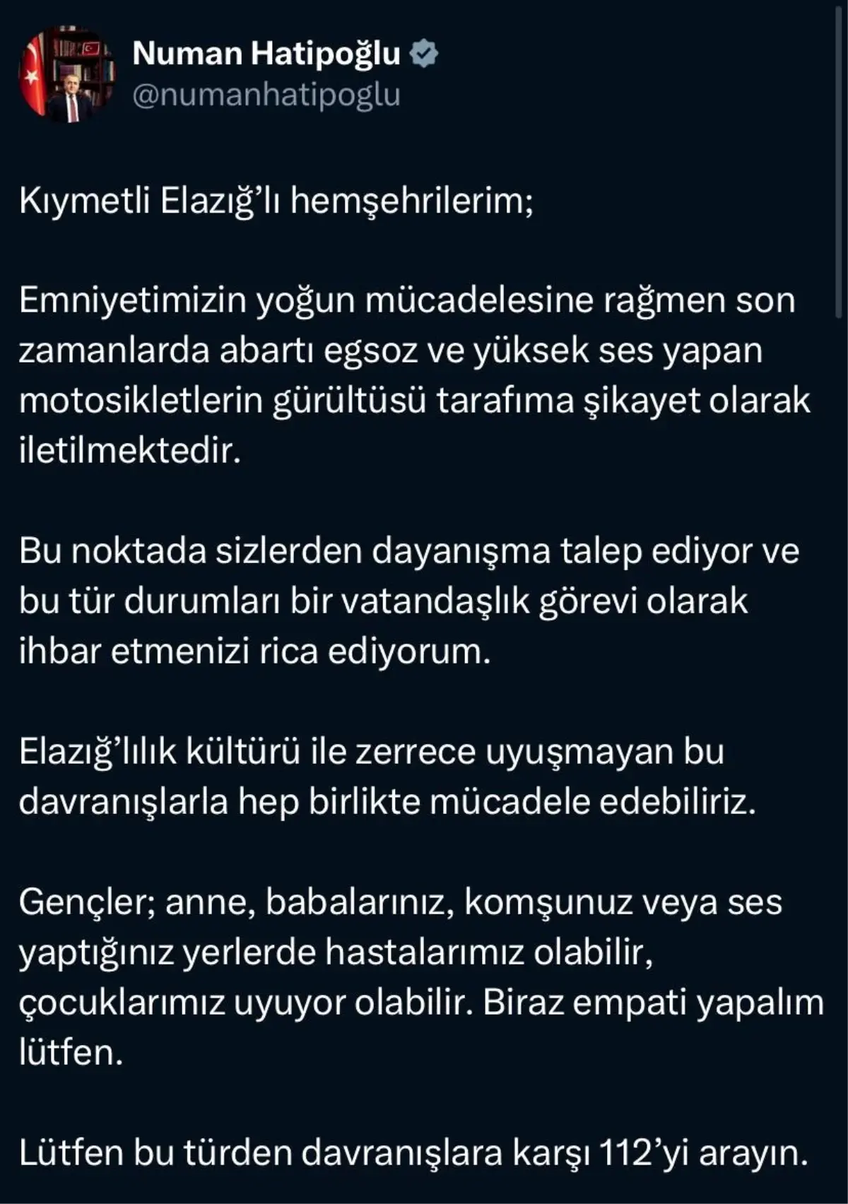 Elazığ Valisi’nden Motosiklet Gürültüsüne Karşı İhbar Çağrısı