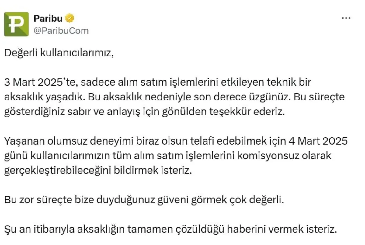 Paribu, Aksama Nedeniyle Bugün Komisyon Almayacak